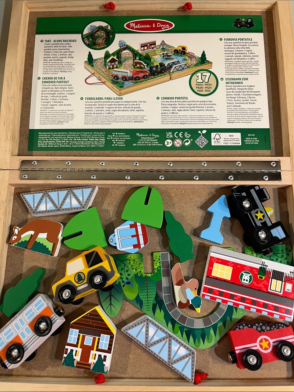 Melissa & Doug Wooden Take-Along Railroad Set with Green Trees and Red Train Car